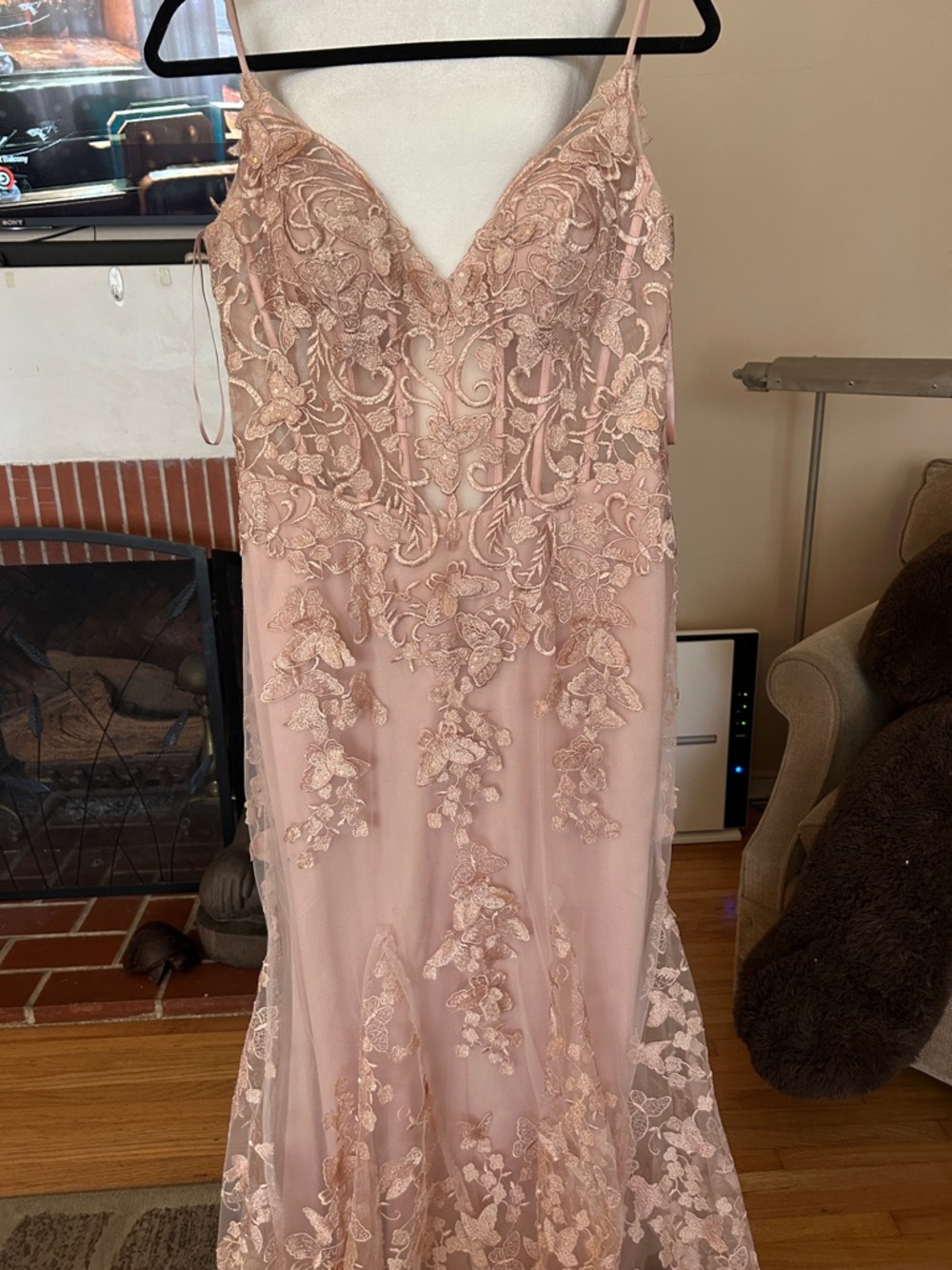 Elegant Blush Lace Appliqué Prom Dress